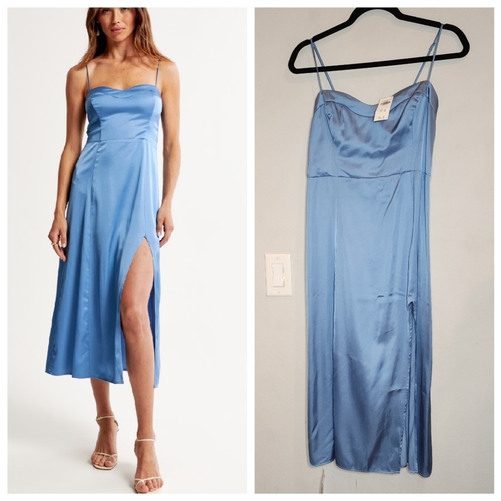 NWT Abercrombie Camille Blue Satin Smocked‎ Sleeveless Midi Dress Size MP